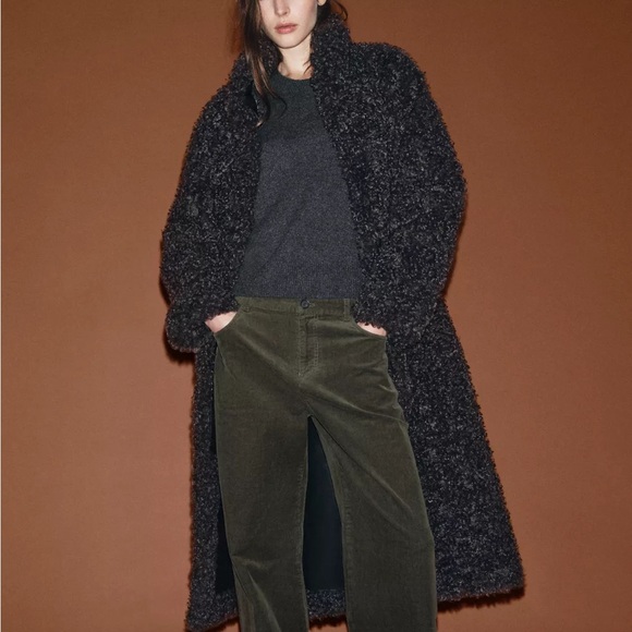 New Zara faux shearling long fleece teddy coat in taupe gray - small - Picture 7 of 11